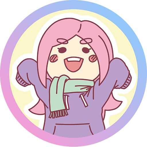 Foofarawr Art Logo of a girl with pink hair a green scarf and a purple hoodie raising her hands in joy and excitement.